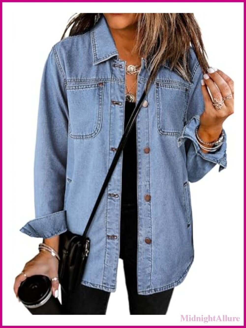 Long Sleeve Button Down Denim Jacket with Pockets Western Jean Shacket
